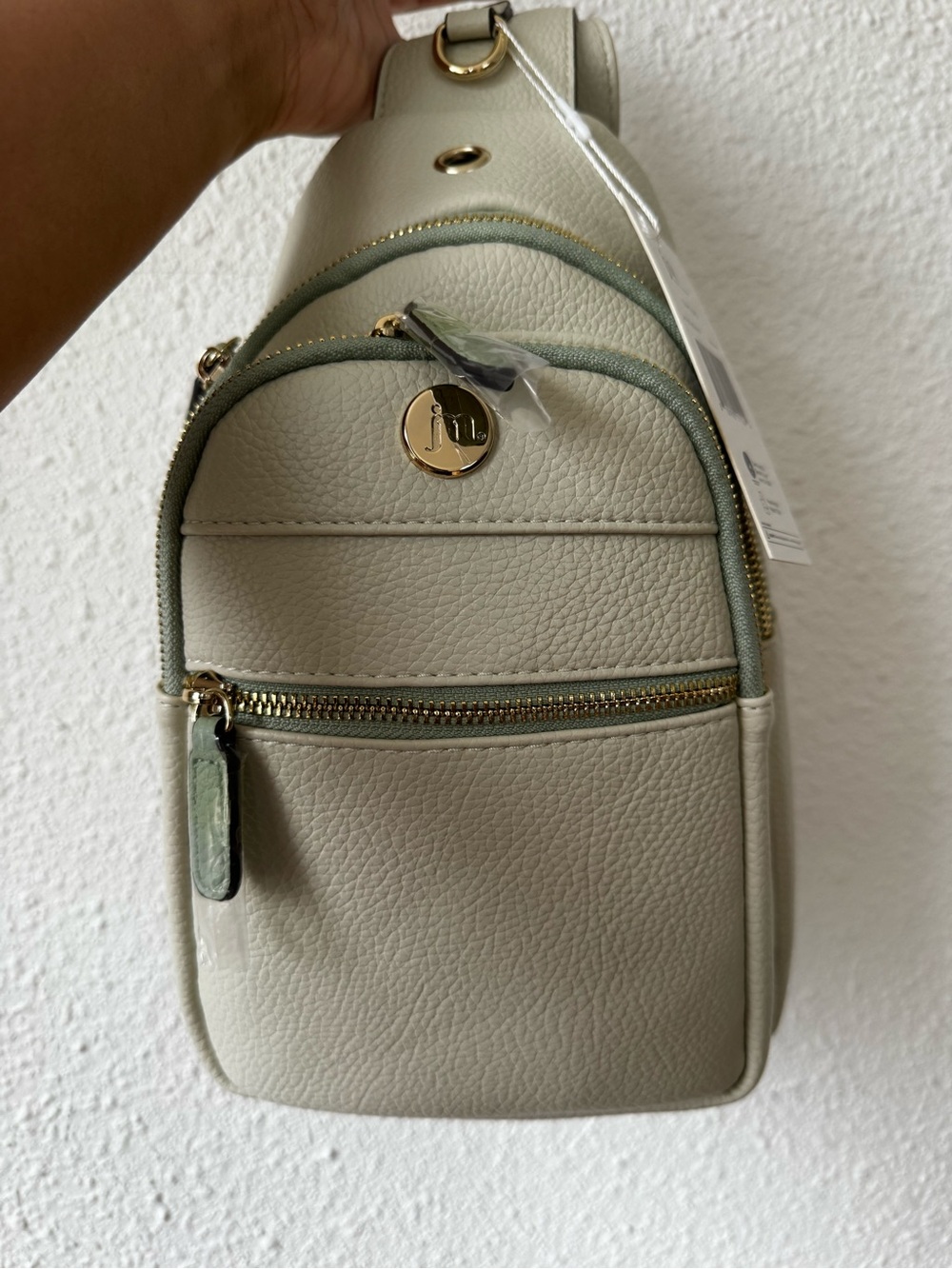 Compact Mini Sling Cream Backpack with Gold Hardware